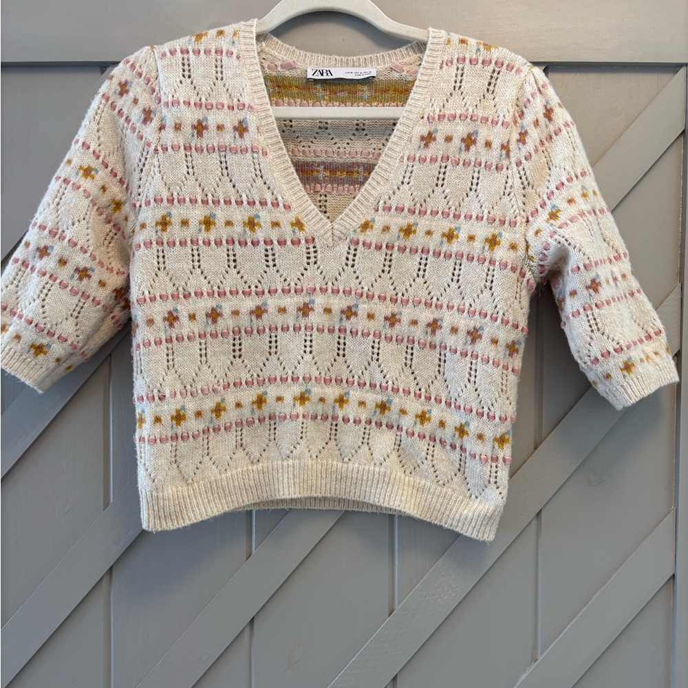 Zara Cream and Rose Ribbon V-Neck Sweater
